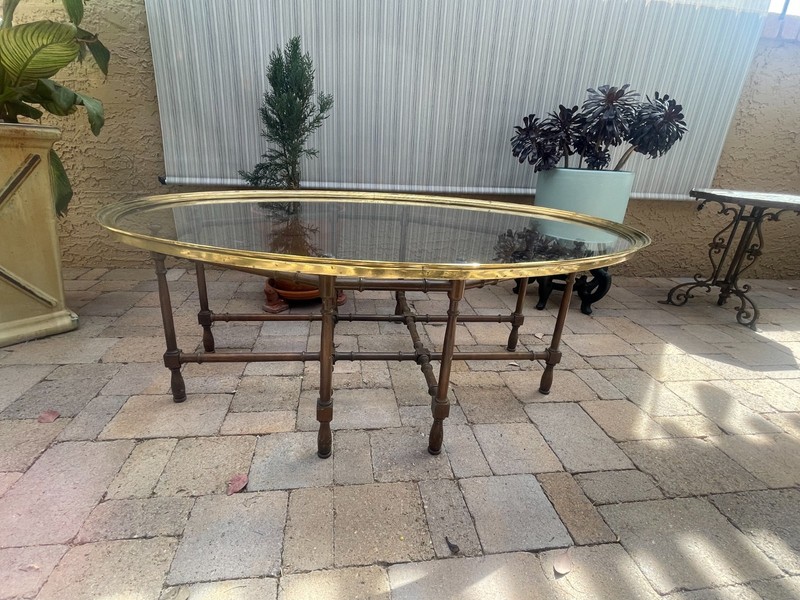 Mid Century Faux Brown Lacquer Bamboo Base Brass Tray Thick Glass Coffee Table