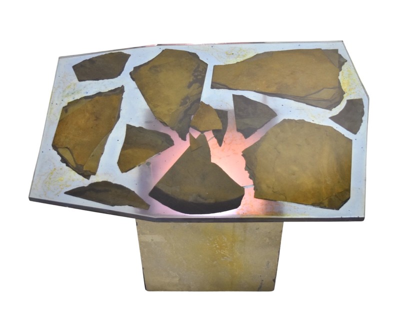 Custom Studio Made Side Table with Resin and Slate Top and Light Up Base gallery
