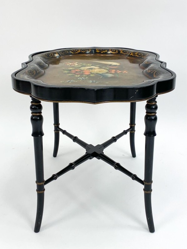 19th Century Hand Painted Tole Tray Top and Bamboo Base Coffee Table gallery