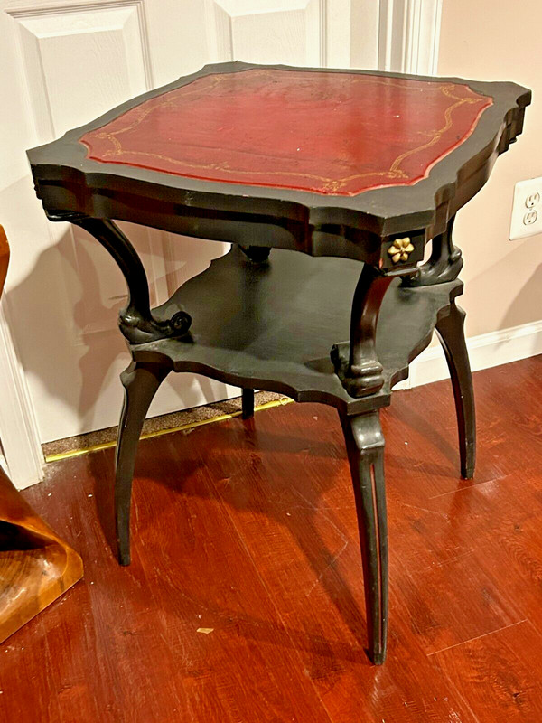 Rare 1940s Mahogany Spider Leg Two Tier Accent Table Gold Tooled Red Leather Top gallery