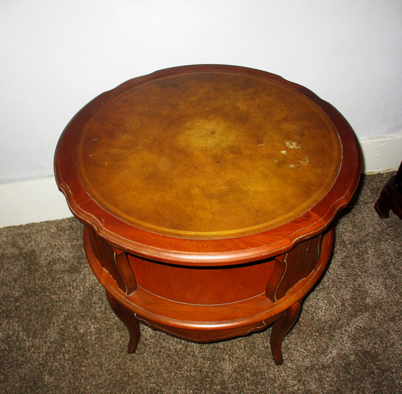 1940s French Provincial Walnut Two Tier Leather Top Accent Table gallery