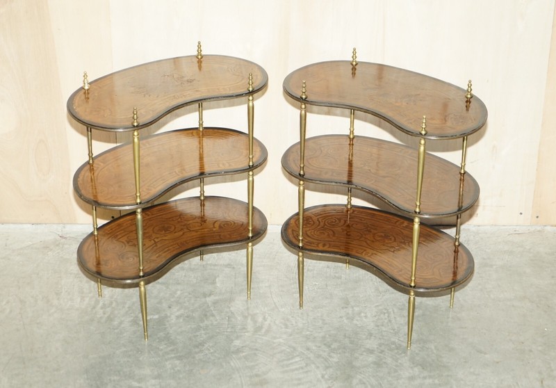 FINE PAIR OF ANTIQUE CONTINENTAL THREE TIER KIDNEY SHAPED BRASS ETAGERE TABLES gallery