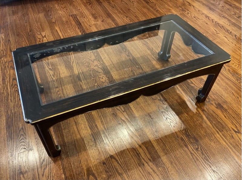 Vintage Hollywood Regency Chinoiserie Black And Gilt Rectangular Glass Top Coffe