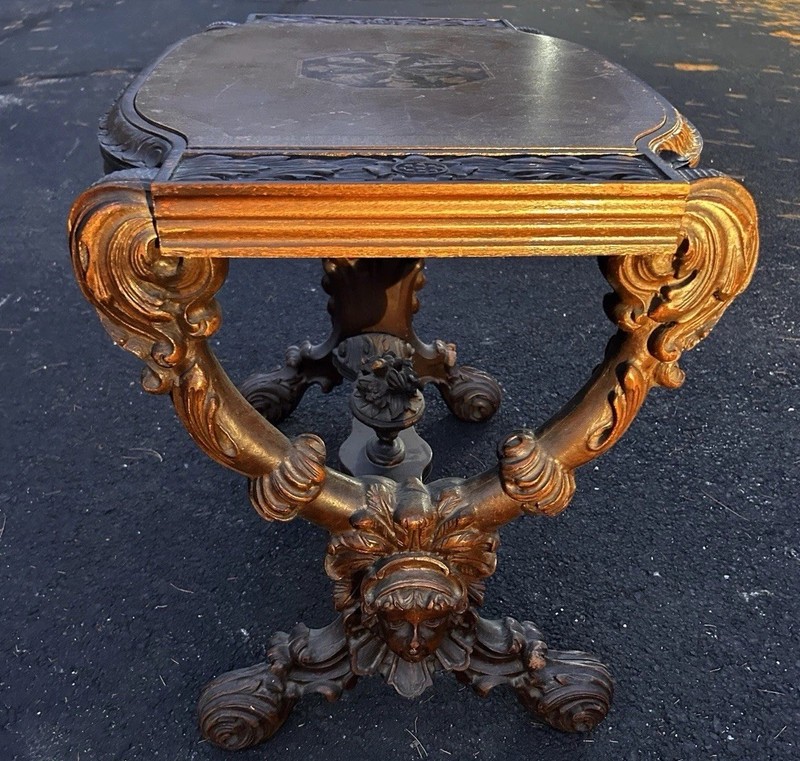 Antique Scholle’s of Chicago Ornate Wood Table Carved Legs Inlay Wood Design gallery
