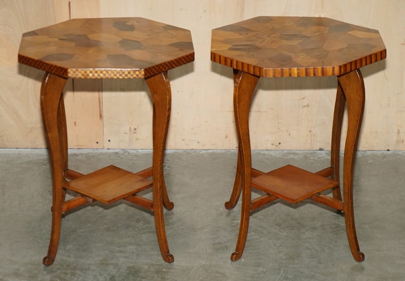 PAIR OF ANTIQUE VICTORIAN PARQUETRY SPECIMEN SAMPLE WOOD INLAID SIDE END TABLES gallery