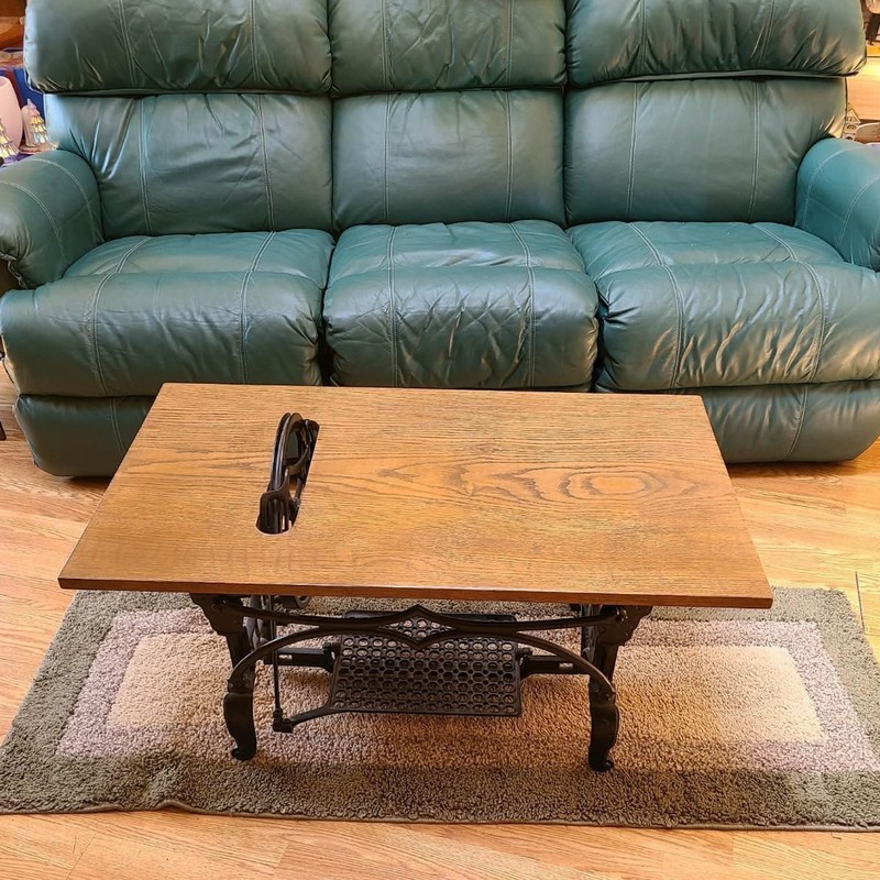 Coffee Table with Vintage White Sewing Machine Base Cast Iron