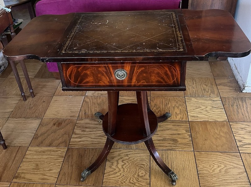 Antique Victorian Wooden Sewing Table Drop-Leaf Drawer Brass Pull Brown