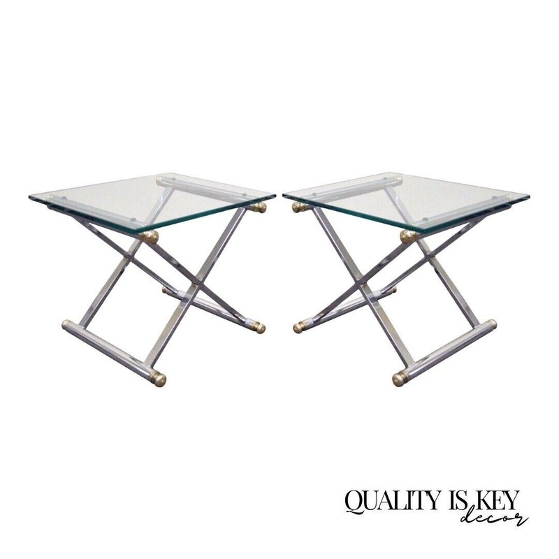 Mid Century Modern Hollywood Regency Chrome Brass Glass X Form Side Table – Pair