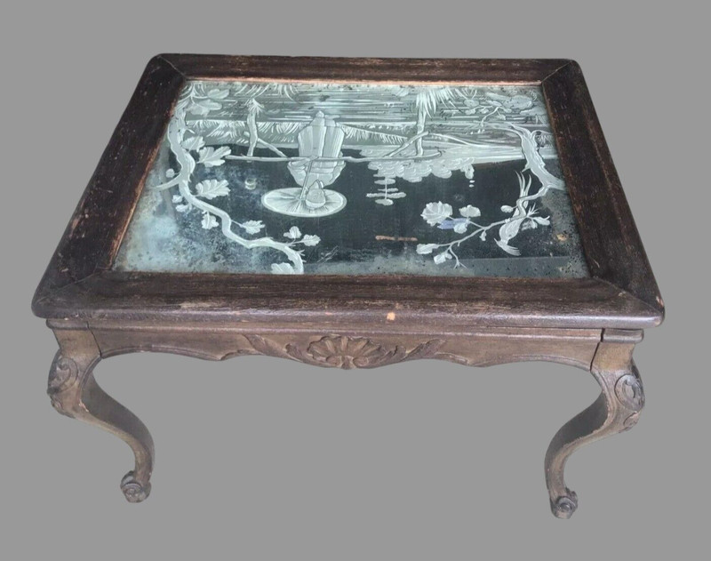 Antique Oriental Inspired Chinoiserie Decorated Mirrored Top Low Table 19th C gallery