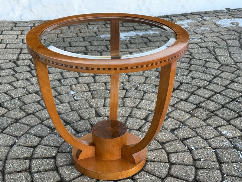 Biedermeier Style Round Glass Top Side Table with Light Wood Finish gallery