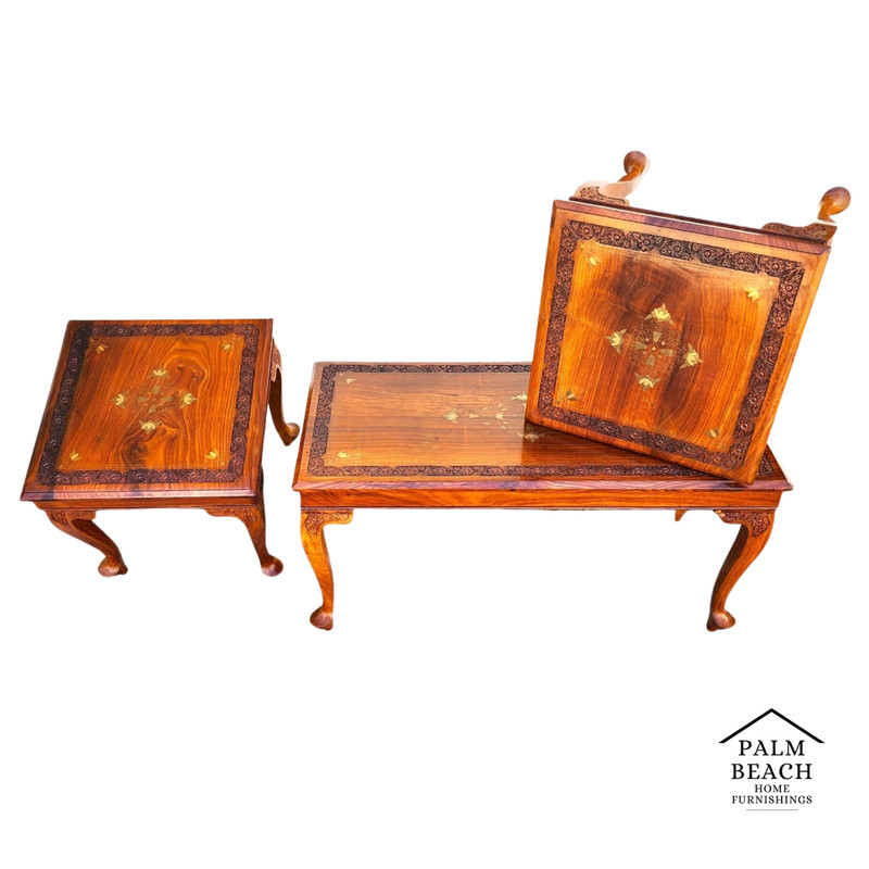 Mid Century Anglo Indian Walnut Coffee & Side Tables 3 Piece Set