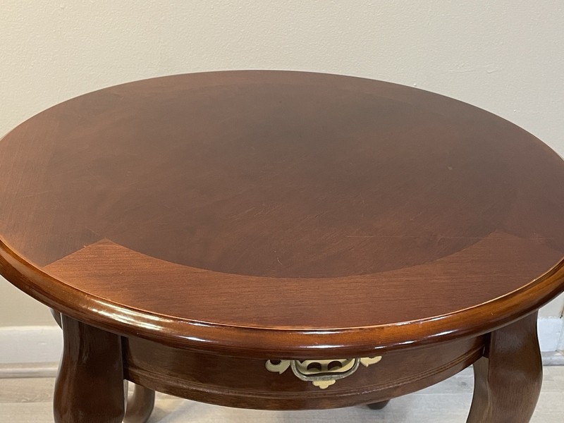 Vintage MCM Queen Anne Round Side End Table Wood Brass Accent Pull 24”W x 21”H gallery