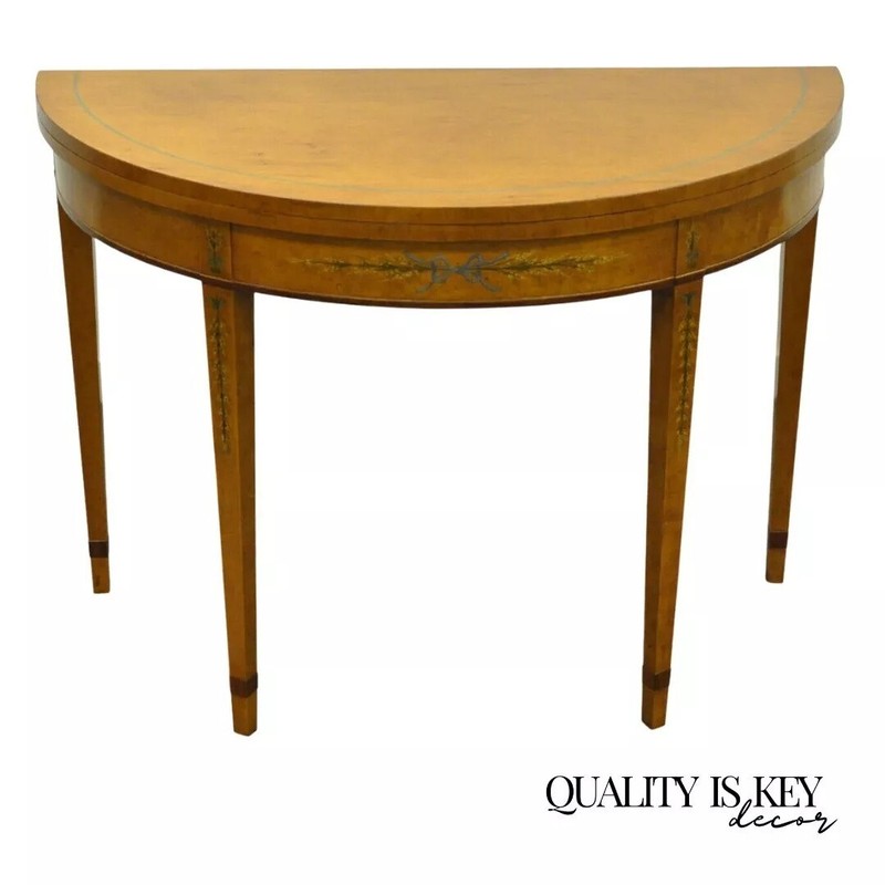 English Adams Style Hand Painted Leather Flip Top Demilune Console Game Table