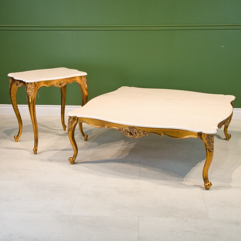 French Square large Mahogany with gold leaf solid Cream Marble Top gallery