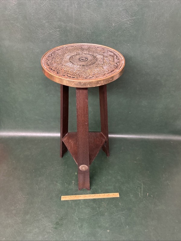 Rare Persion / Islamic Calligraphy Brass Top Arts & Crafts Oak Stand gallery