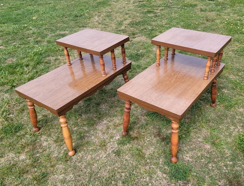 Pair Vtg Step End Table 2 Tier Mid Century Modern Retro Brown Formica Screw Legs