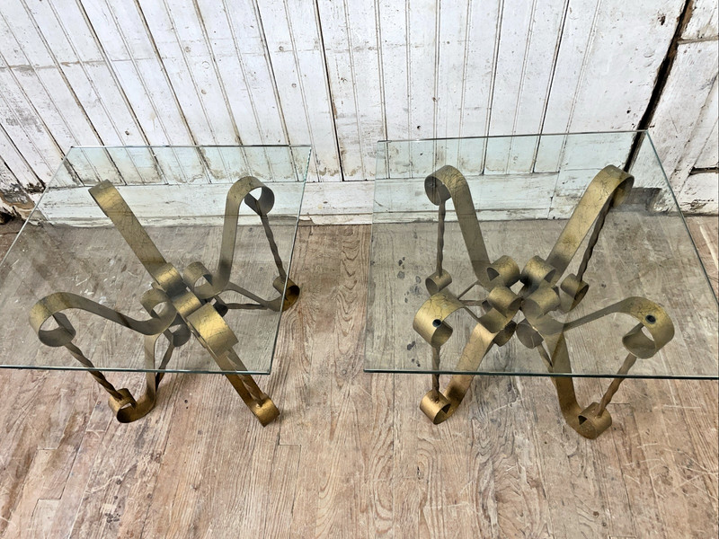 3 Mid Century Hollywood Regency Scroll & Twist Iron Glass Coffee & Side Table gallery