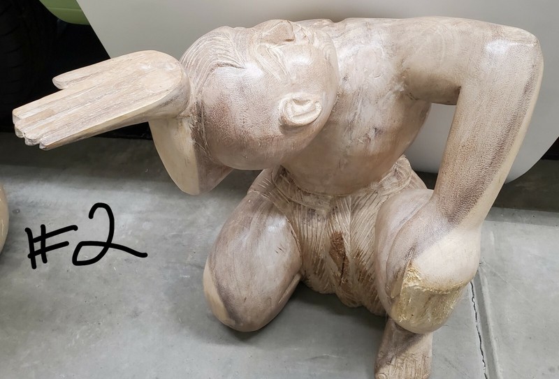 Vintage ORIENTAL Figural SOLID Wood Carved Seating MAN Statue Coffee Side Table gallery