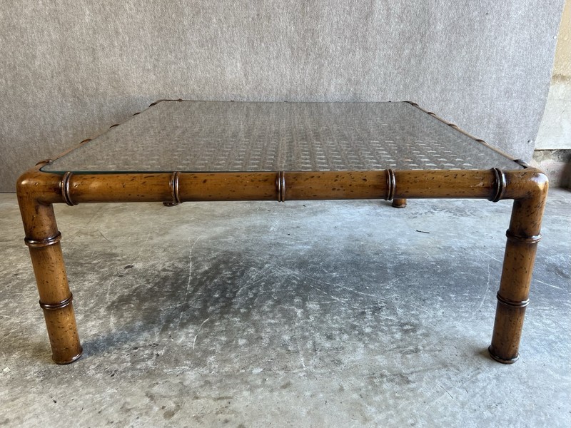 Large Square MCM Hollywood Regency Faux Bamboo Coffee Table w/ Cane & Glass Top