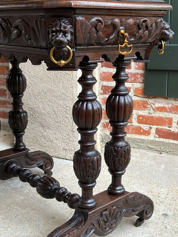 Antique French Carved Oak Library Table Petite Desk Renaissance Lion 19th c gallery