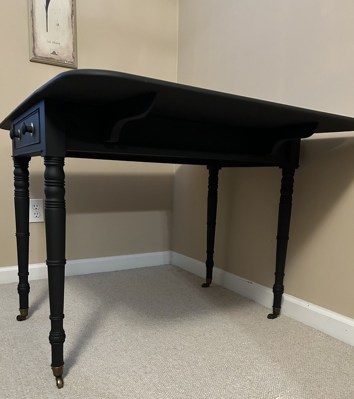 1890s Antique George 111 Sheraton (Matte Black) Drop Leaf Table on Brass Casters gallery