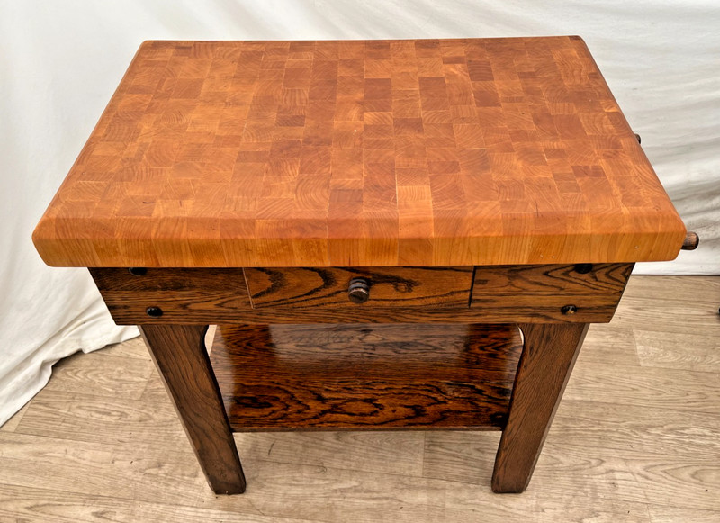 Vintage Butcher Block Carving Table Oak Base with Drawer Shelf End cut Maple top gallery