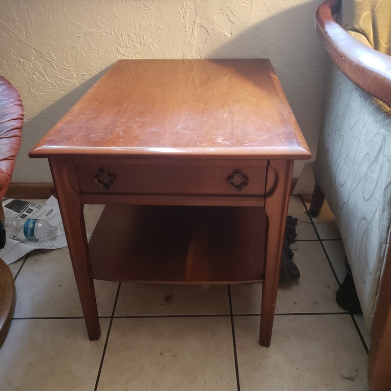 2-tier Mid Century Modern Mersman walnut table w/drawer & 2 shamrock pulls gallery