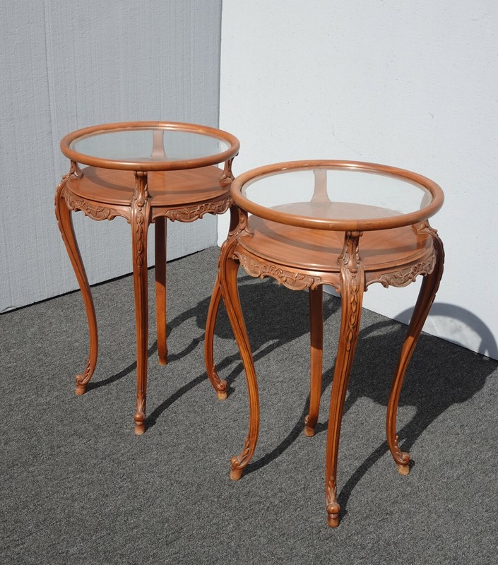 Vintage French Rococo Louis XVI Style Brown Ornately Carved Side Tables Two Tier gallery