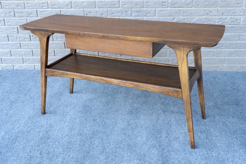 Mid Century Danish Modern Pearsall Style Walnut & Ash Two Tier Console Table gallery