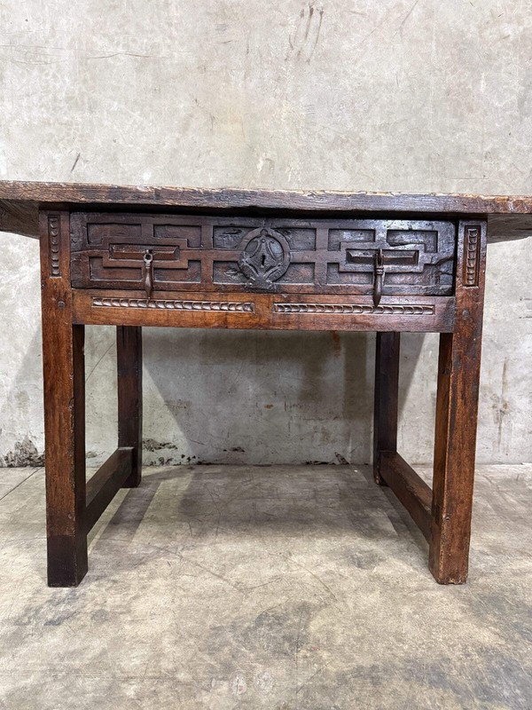 18th C. Spanish Beautifully Rustic Carved-Wood Trestle-Leg Table with Drawer gallery