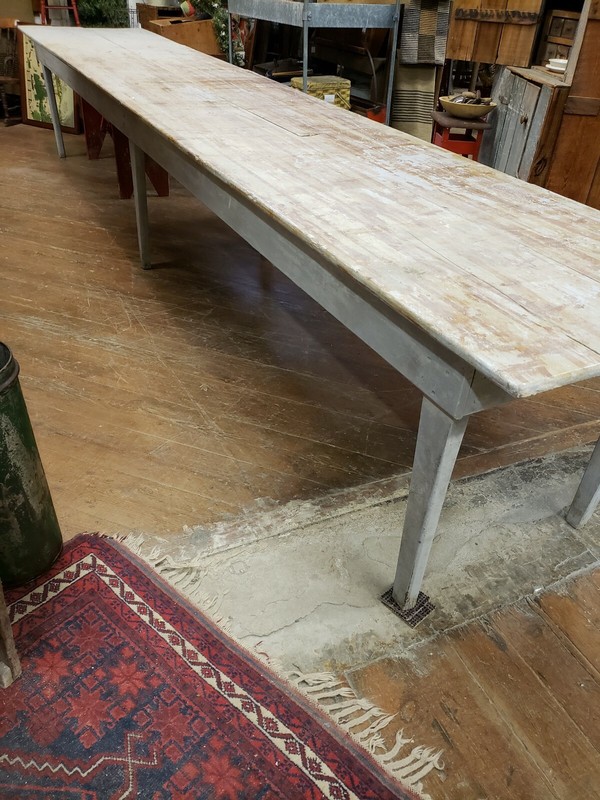15 Foot Antique American Farm Table Original Paint Two Board Top gallery