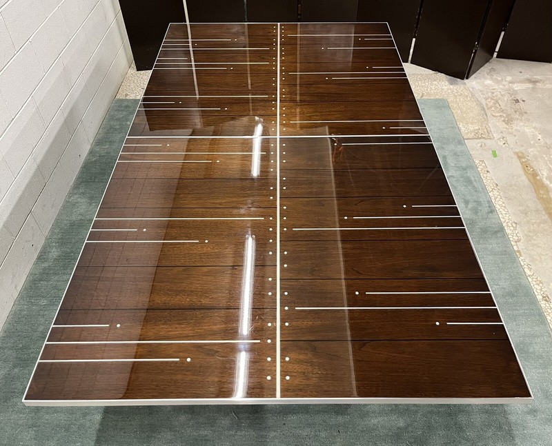 Custom Walnut Art Deco Pedestal Dining Table for 12; Stainless Inlay; 84"-129" gallery