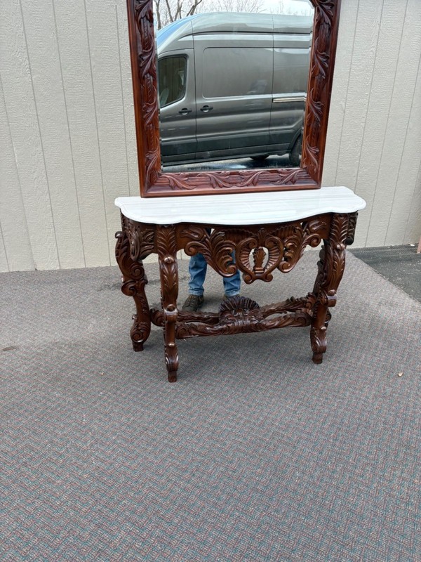 67574 Louis XV Style Marble Top Console Table with Ornate Mirror gallery