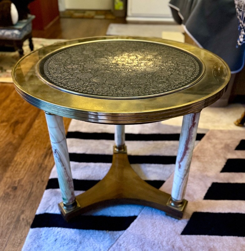 Antique Italian Marble Side Tables with Etched Brass Top Art Deco_A Pair