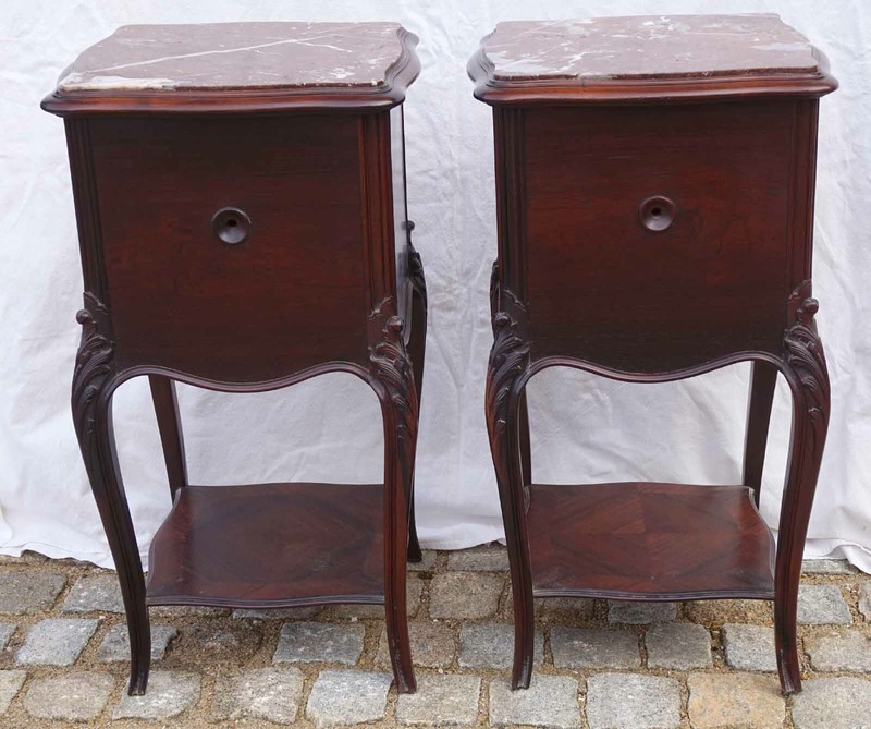 French Carved Rosewood Red Marble Pair Night Stand Side Table Louis XV Style 19C gallery
