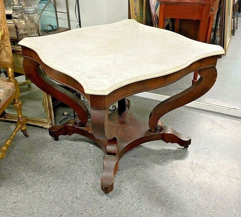 ANTIQUE EMPIRE MAHOGANY MARBLE TOP PARLOR CENTER TABLE