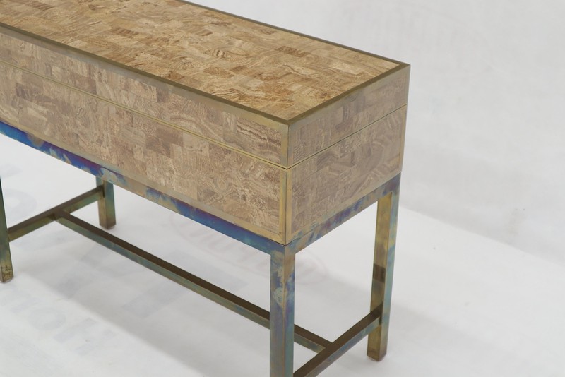 Tessellated Stone Brass Frame Base Treasure Chest Trunk Box Console End Table gallery