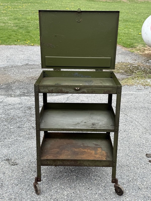 vintage industrial steam punk rolling metal work table cart green paint warehous gallery