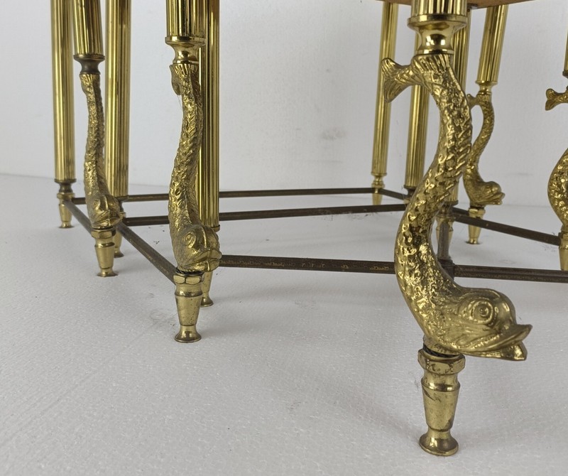 set of 3 nesting stacking tables Hollywood regency Ornate brass Fish Marble tops gallery