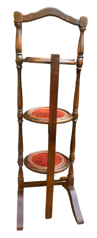 Antique Folding 3 Tier Walnut Wood Leather Gold Dessert/Cake/Pie/Plant Stand gallery