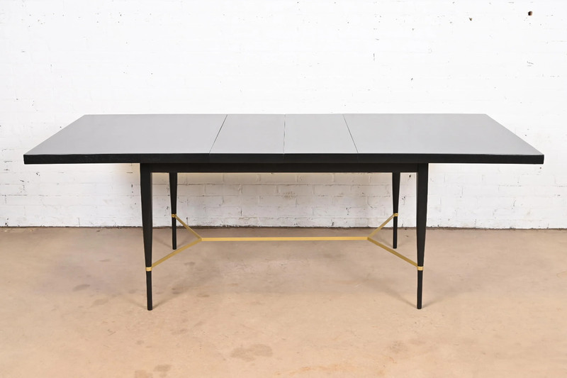 Paul McCobb for Directional Black Lacquer and Brass Extension Dining Table