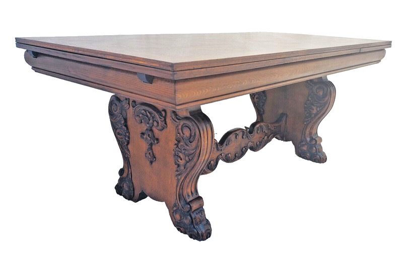 Antique 1930s Ornately Carved Oak Draw Leaf Dining Table with Claw Feet gallery