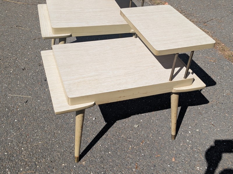 VTG Pair Mid Century Modern Laminate End Table Nightstand 2 Tier Blonde White gallery