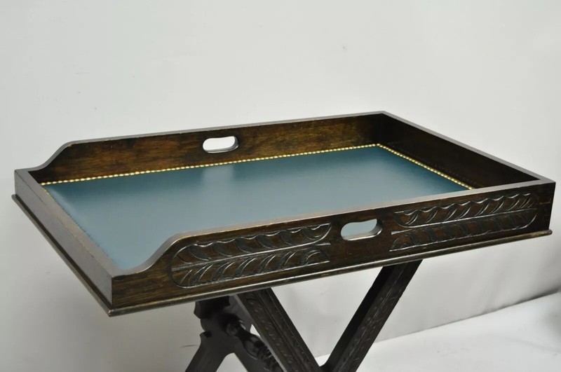 Antique Italian Renaissance Carved Walnut Bar Folding Tray Table w Lion Paw Feet gallery
