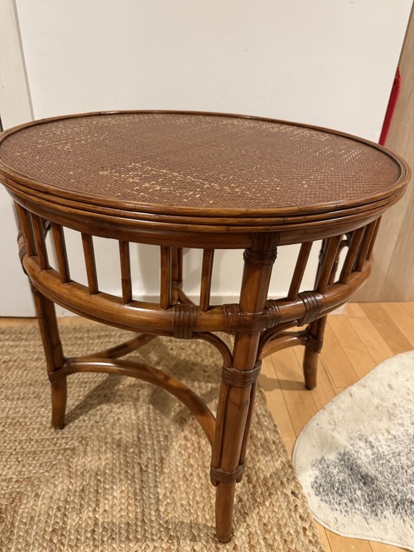 Vintage Ethan Allen Round Cane Top End Table Rattan Style Accent Table 26x26x25