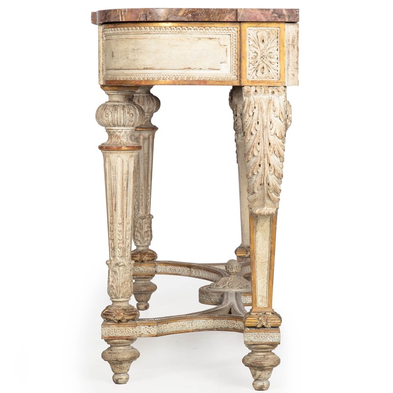 French Louis XVI Style White Painted and Parcel-Gilt Violet Marble Console Table gallery