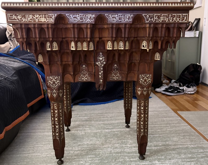 Antique Middle Eastern Arabic Bone Inlaid Fruitwood Table 36x36 1950s Damascus gallery