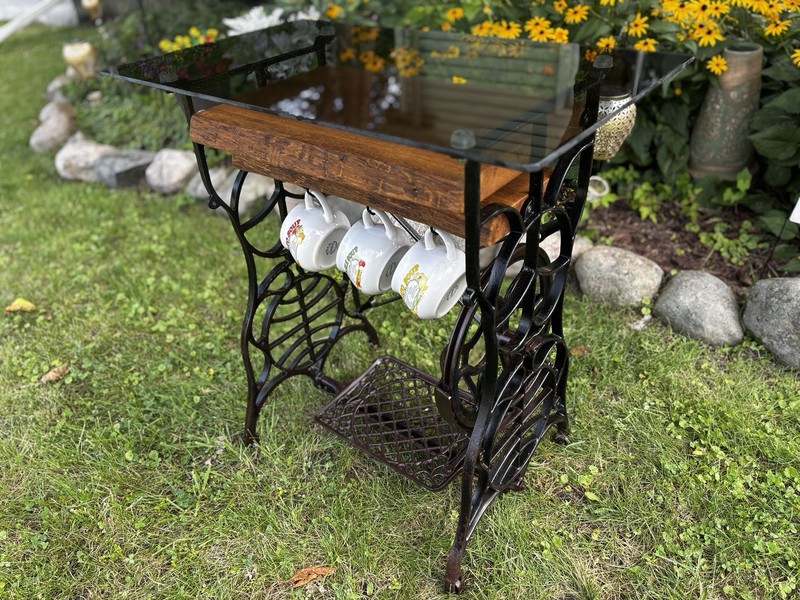 Vintage Treadle Sewing Table Glass Top w/ Mug Hooks Coffee Station Display Shelf gallery