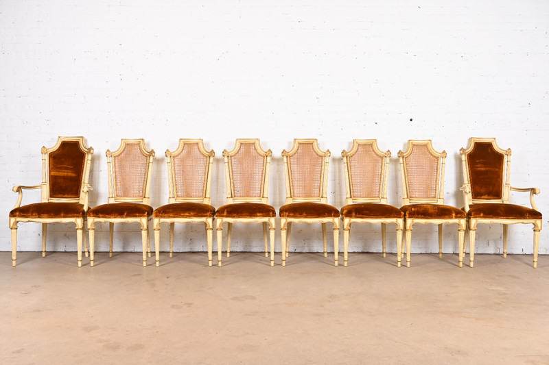 Karges French Regency Louis XVI Cream Painted and Gold Gilt Cane Back Dining Cha