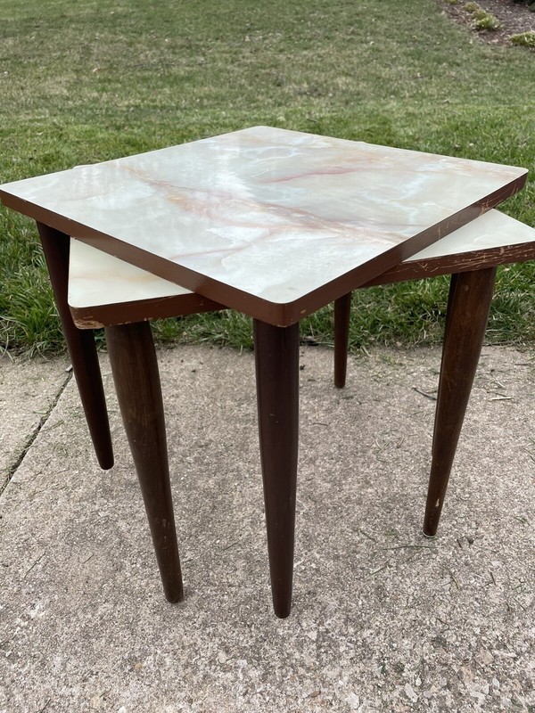 Pair of Vintage Faux Marble Top Nesting Tables Tapered Legs MCM NL